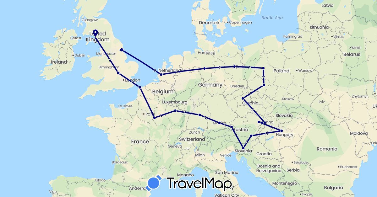 TravelMap itinerary: driving in Austria, Czech Republic, Germany, France, United Kingdom, Hungary, Netherlands, Poland, Slovenia, Slovakia (Europe)